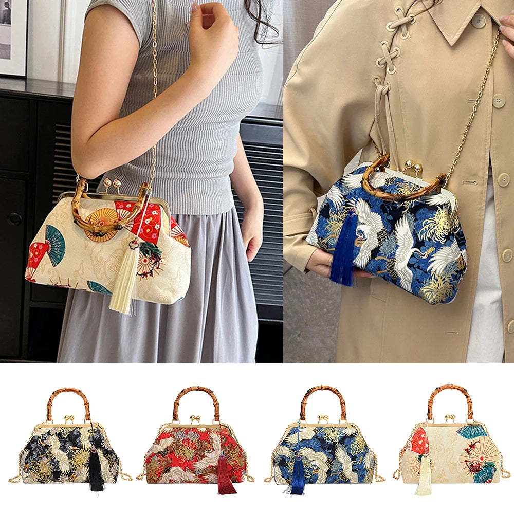 Bolsa de mão de noite com alça de rattan, guindaste coroado vermelho, estampa de borla, corrente, bolsa de ombro, bolsa crossbody para mulheres, noiva, casamento