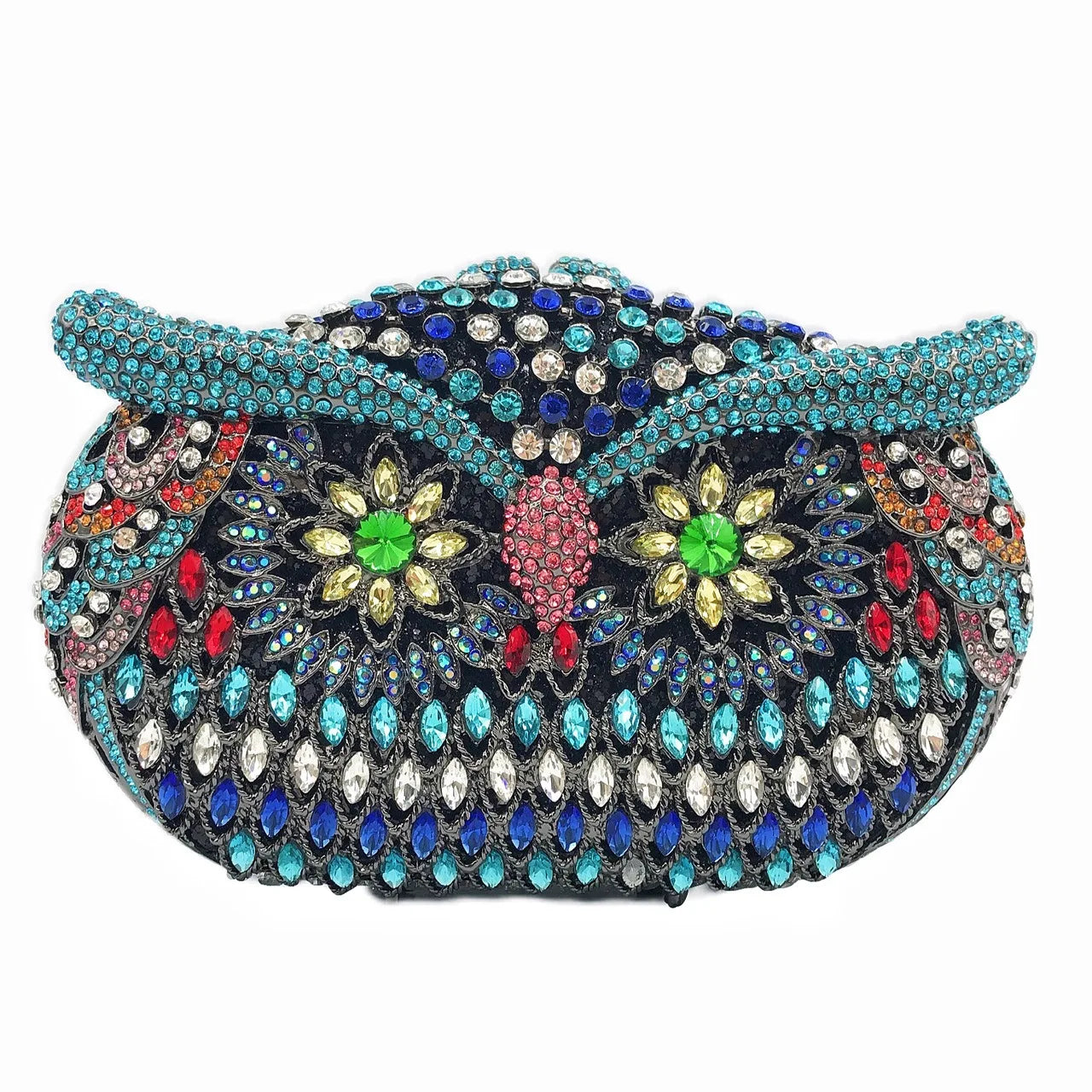 Bolsa de mão de noite em formato de coruja, multicolorida, grande, strass, bolsa de festa feminina, bolsa de baile, mini minaudiere