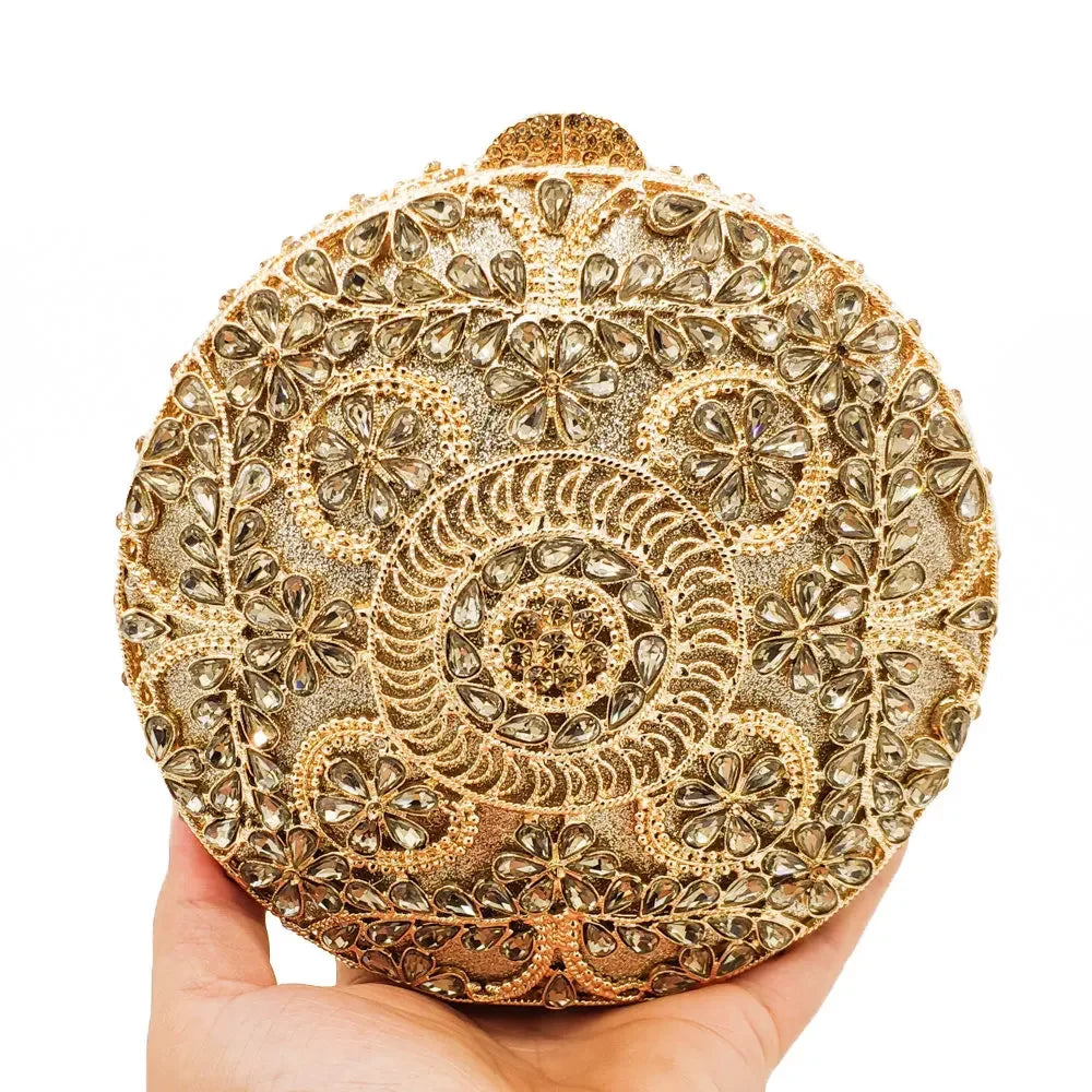 Boutique de fgg (em estoque) redondo circular oco para fora das mulheres cristal embreagem noite minaudiere saco casamento bolsa nupcial