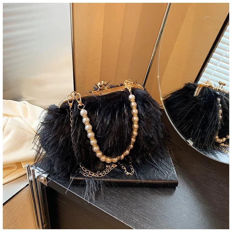Bolsa feminina de pele sintética, bolsa de ombro felpuda, bolsa tiracolo, designer senhora, embreagem de concha, luxo, inverno, nova, 2022