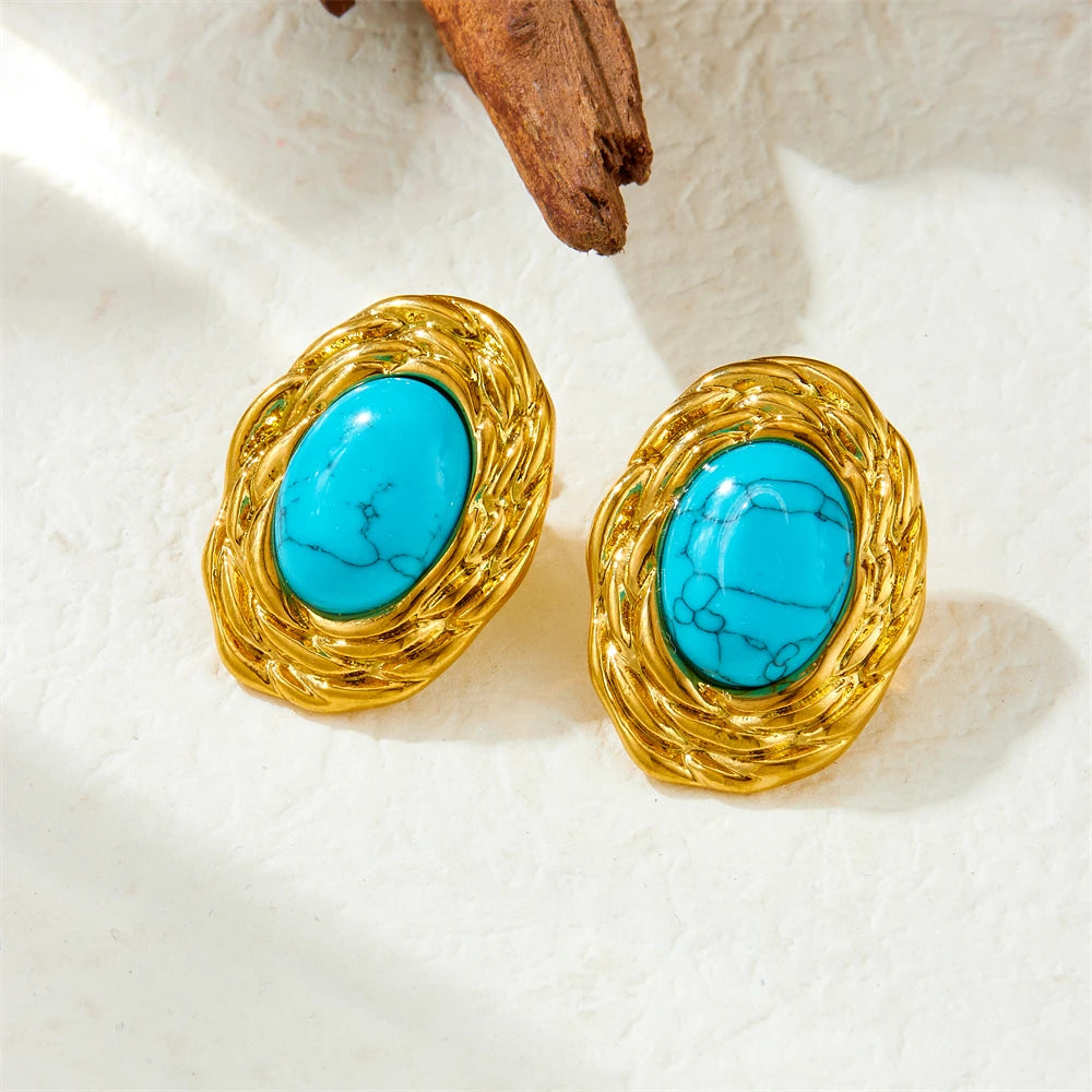 Dieyuro 316l aço inoxidável dourado tecido oval incrustado turquesa brinco para mulheres nova tendência moda orelha fivela jóias presente