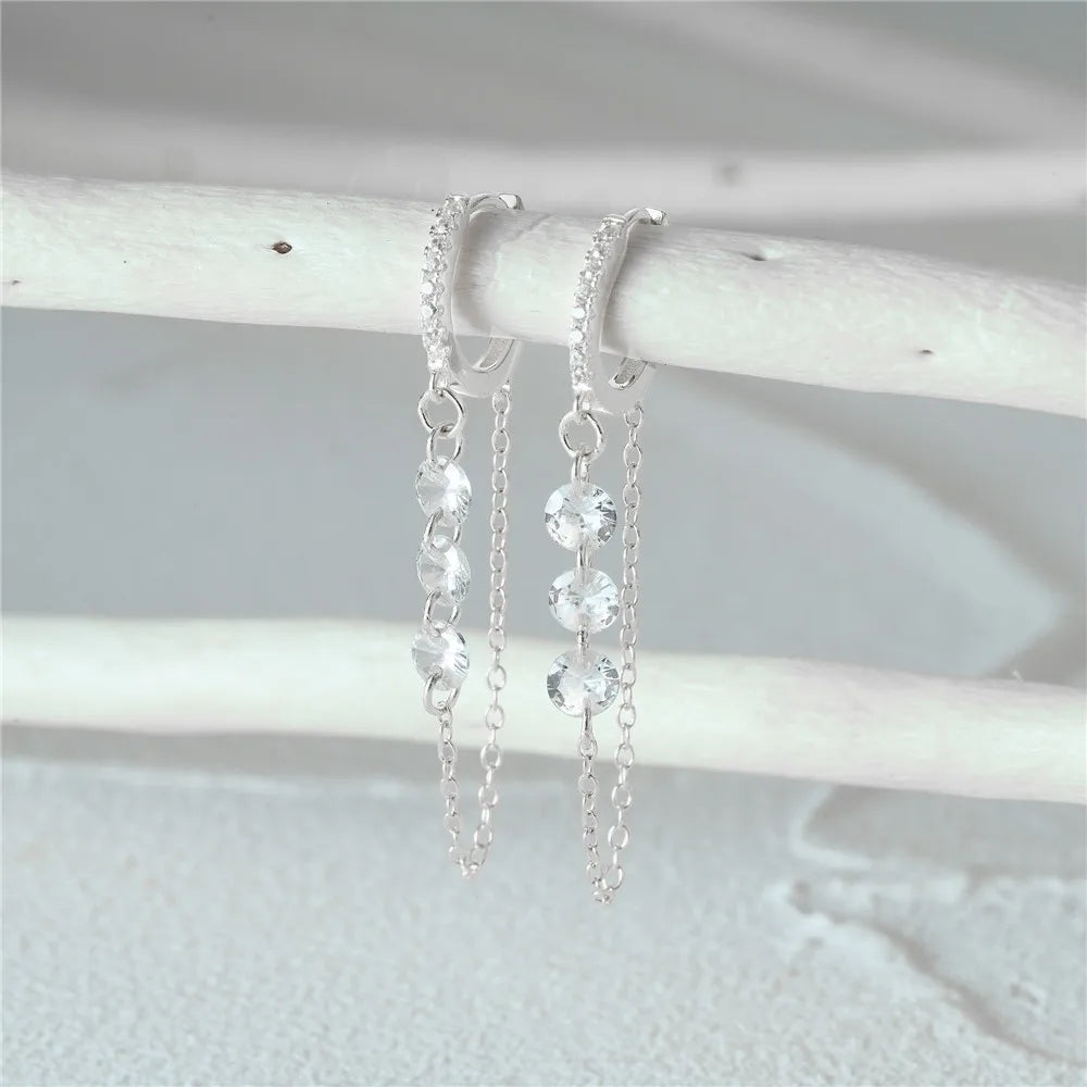 Aide 925 prata esterlina três zircão gota longa corrente ouro hoop fivela piercing brincos para mulheres casual jóias festa presente