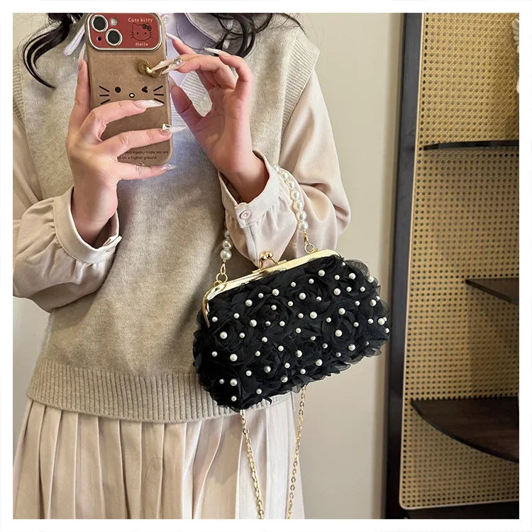 Doce estilo pérola corrente noite saco de embreagem malha macia renda dobrado bainha versão coreana bolsa crossbody para mulher