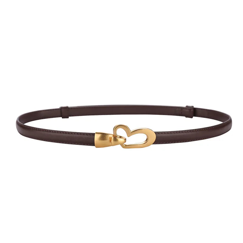 Cinto feminino de couro genuíno, cinto fino de couro skinny para calças, fivela em forma de coração dourada da moda