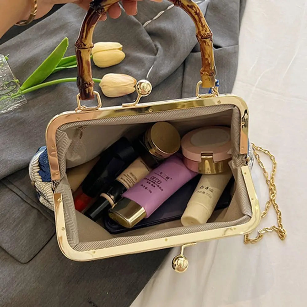 Bolsa de mão de noite com alça de rattan, guindaste coroado vermelho, estampa de borla, corrente, bolsa de ombro, bolsa crossbody para mulheres, noiva, casamento