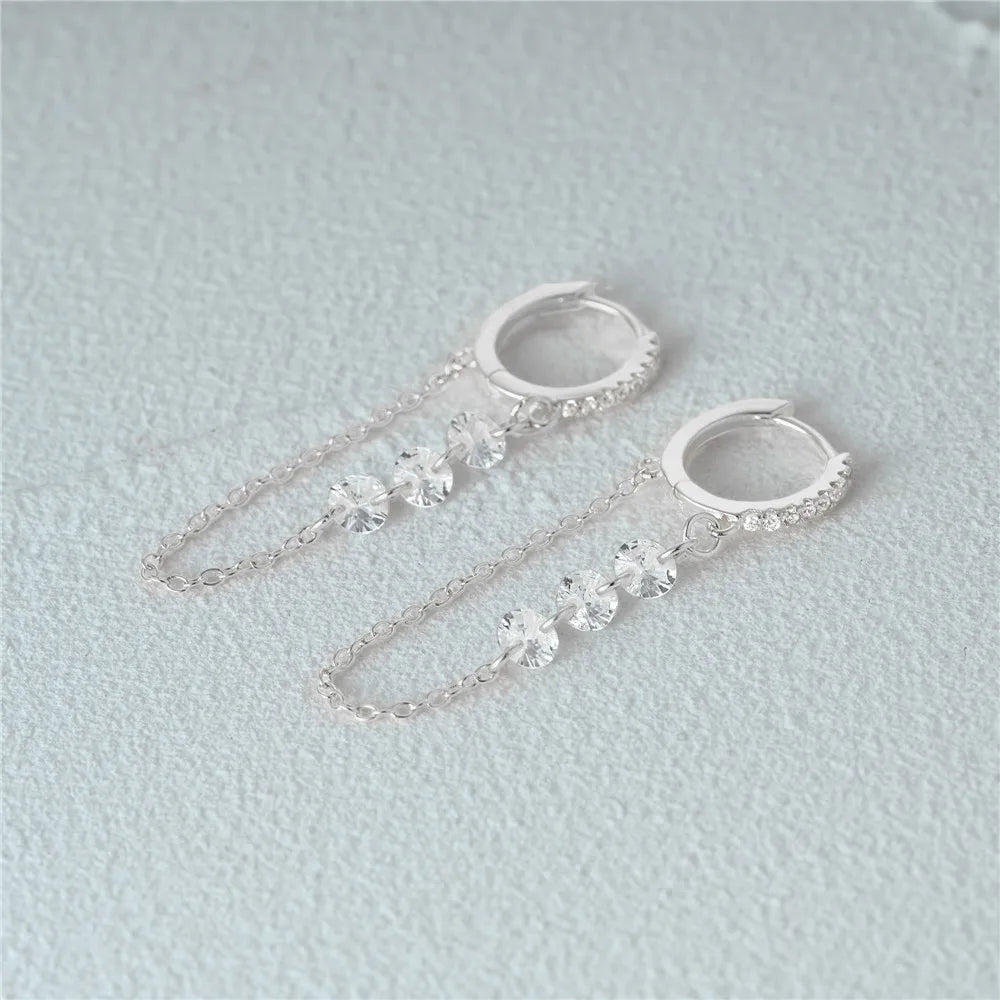 Aide 925 prata esterlina três zircão gota longa corrente ouro hoop fivela piercing brincos para mulheres casual jóias festa presente