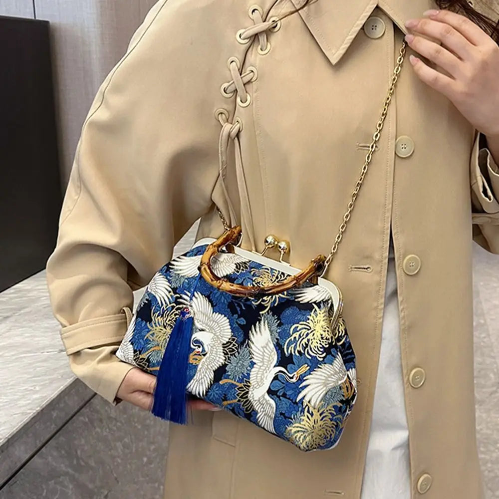 Bolsa de mão de noite com alça de rattan, guindaste coroado vermelho, estampa de borla, corrente, bolsa de ombro, bolsa crossbody para mulheres, noiva, casamento