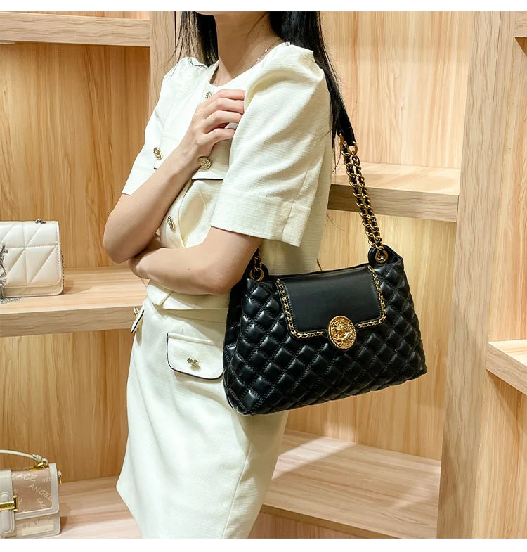 Bolsa de couro genuíno para mulheres, grande capacidade, bolsa de ombro axilas, nova marca de luxo, 2024