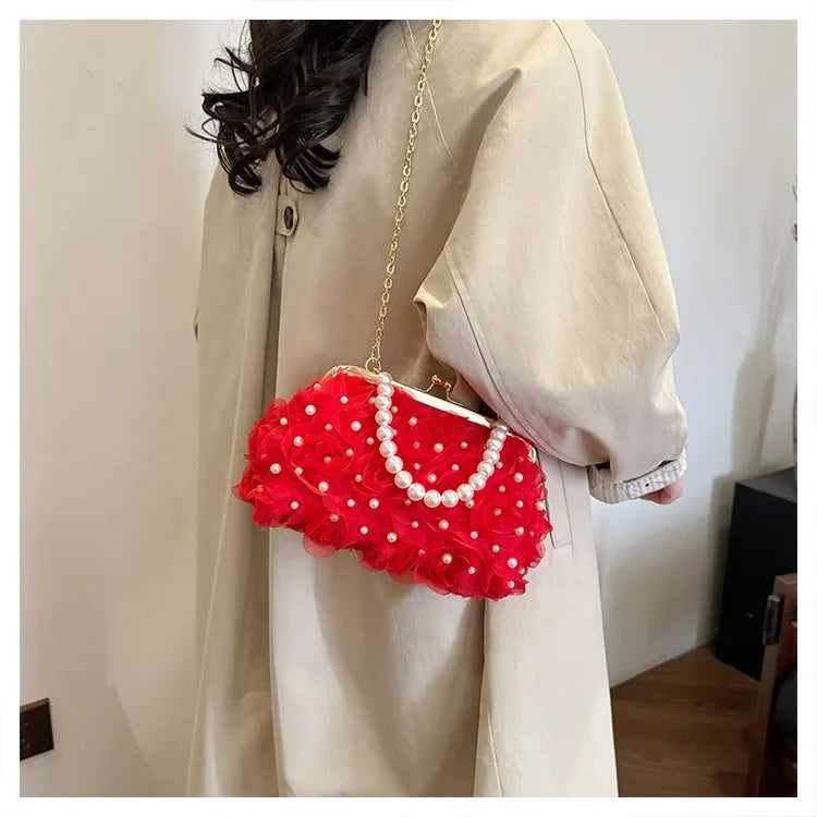 Doce estilo pérola corrente noite saco de embreagem malha macia renda dobrado bainha versão coreana bolsa crossbody para mulher