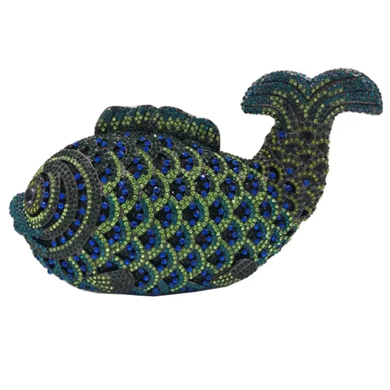 Bolsa de luxo para mulheres, forma de peixe, strass, metal diamante, metal, festa de casamento