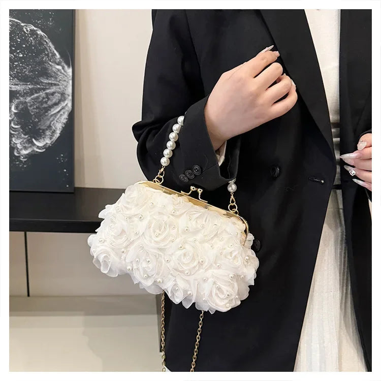 Doce estilo pérola corrente noite saco de embreagem malha macia renda dobrado bainha versão coreana bolsa crossbody para mulher