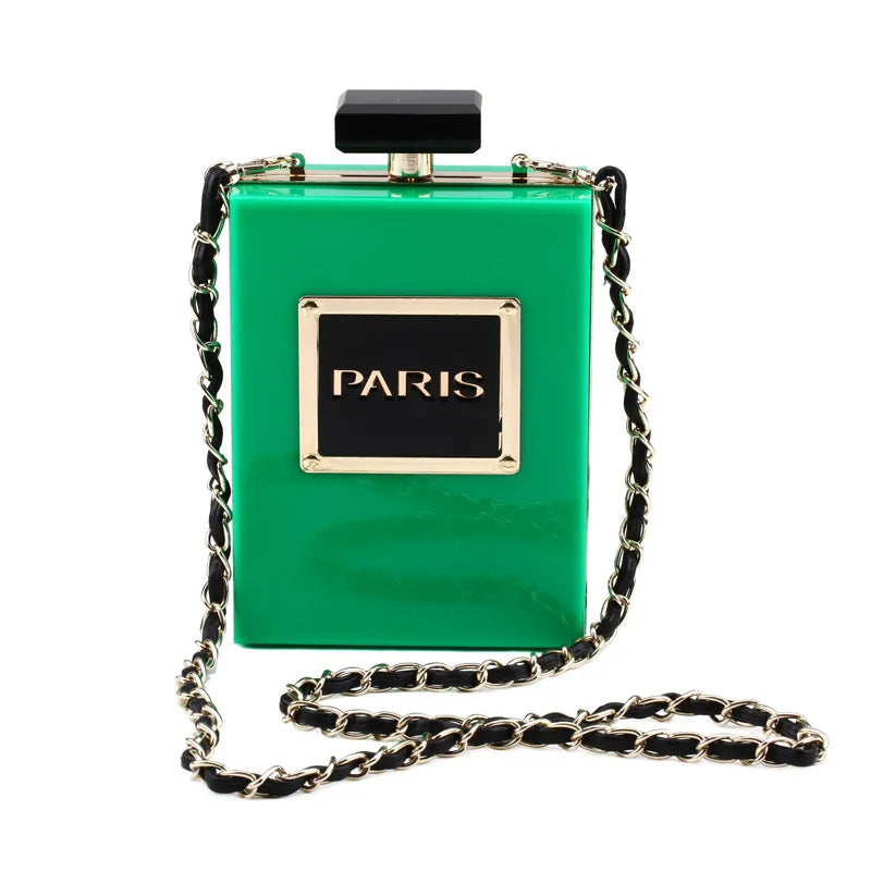 Sacos de noite feminino acrílico paris perfume em forma preto bolsa bolsas embreagem vintage banquete bolsa luxo ombro crossbody sacos