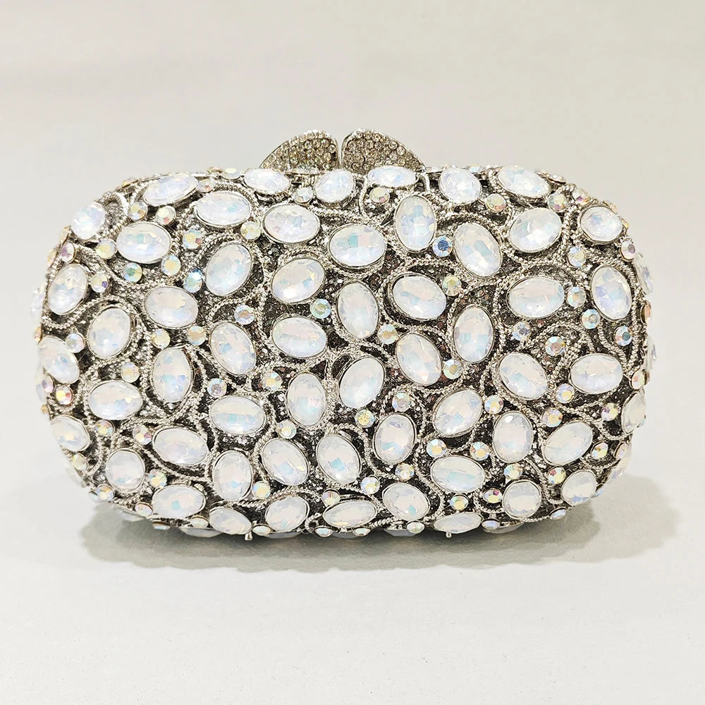 Embreagem de pedra clara branca e prateada para mulheres, bolsas de cristal, festa de casamento, bolsas de baile, embreagem nupcial de diamante