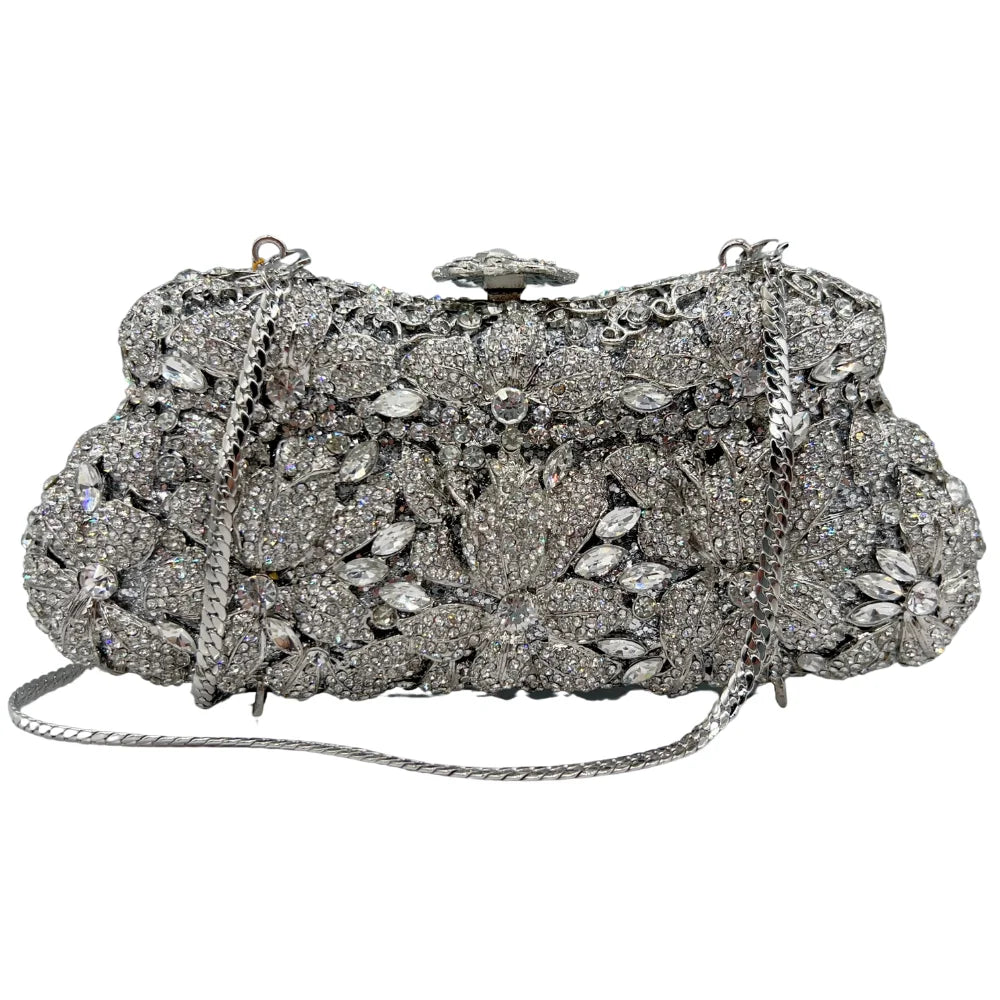 Flor de alta qualidade oco diamante jantar de casamento senhoras diamante corrente saco noite