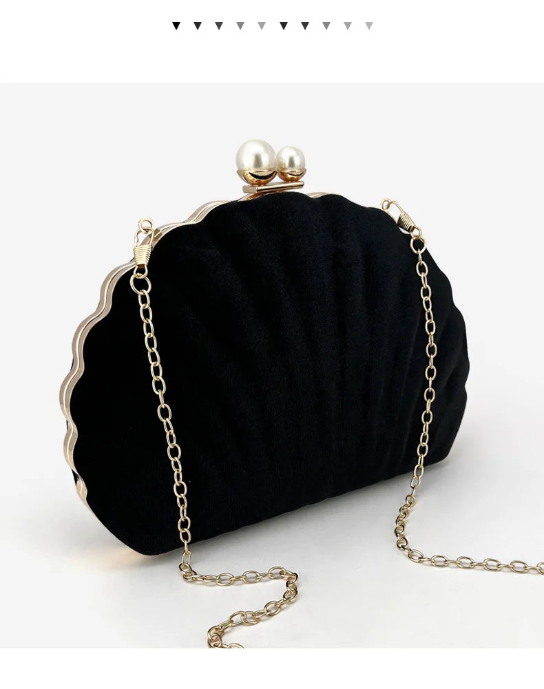 Bolsa de jantar de festa de veludo preto de concha premium Bolsa de embreagem com fecho de pérola Bolsa de casamento Bolsa crossbody Bolsa pequena feminina de veludo.