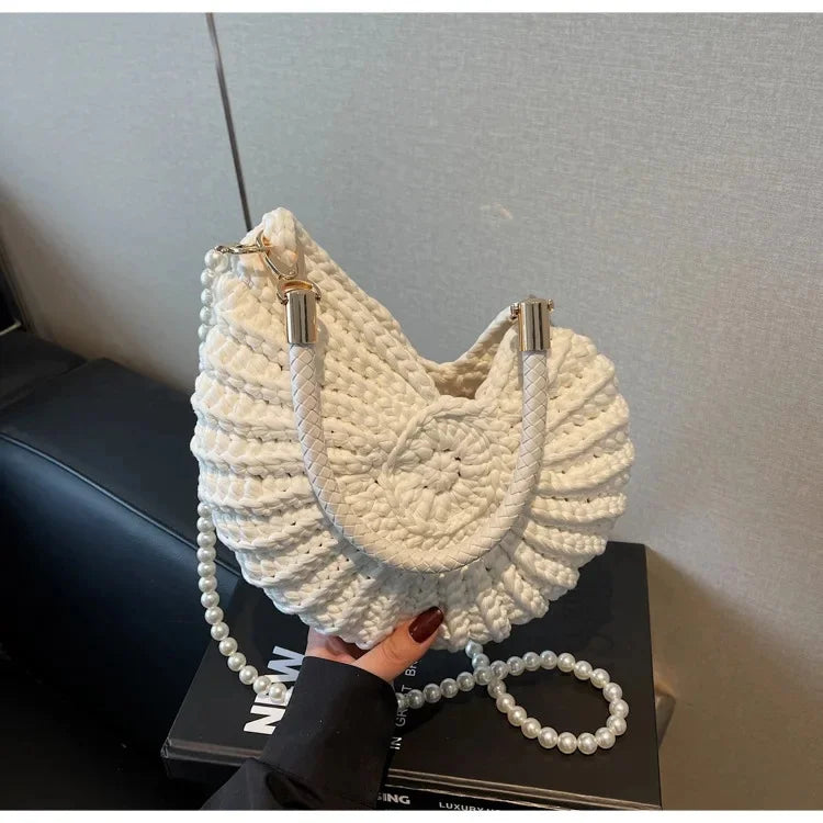 Bolsa crossbody em formato de concha artesanal, feminina, estilo praia, alça de ombro, bolsa acabada, forro de poliéster vintage, interior poc