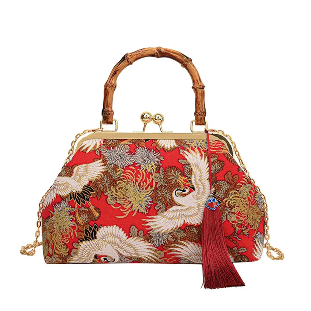 Bolsa de mão de noite com alça de rattan, guindaste coroado vermelho, estampa de borla, corrente, bolsa de ombro, bolsa crossbody para mulheres, noiva, casamento