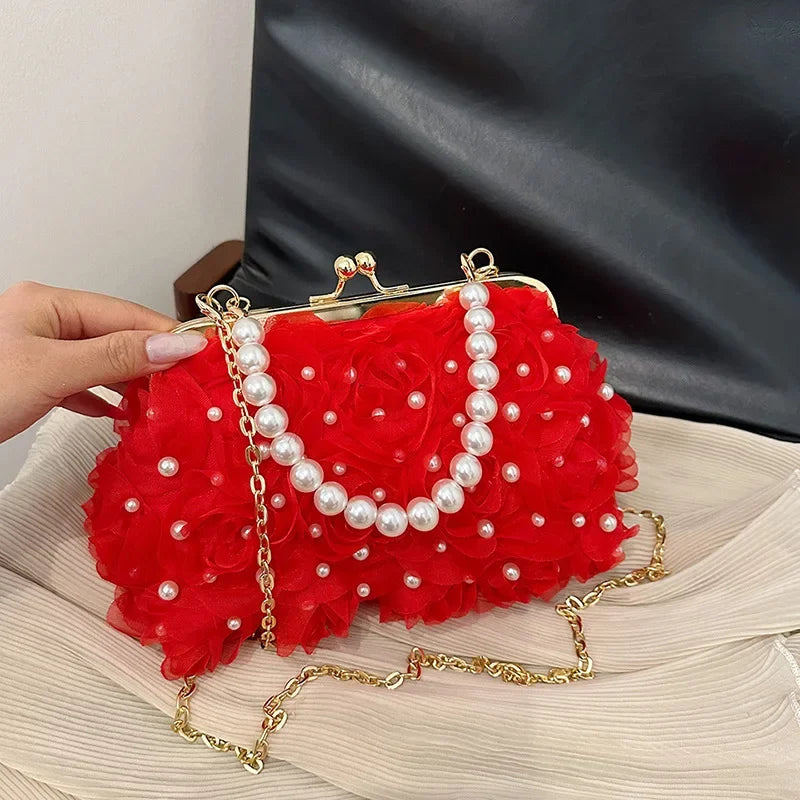 Doce estilo pérola corrente noite saco de embreagem malha macia renda dobrado bainha versão coreana bolsa crossbody para mulher
