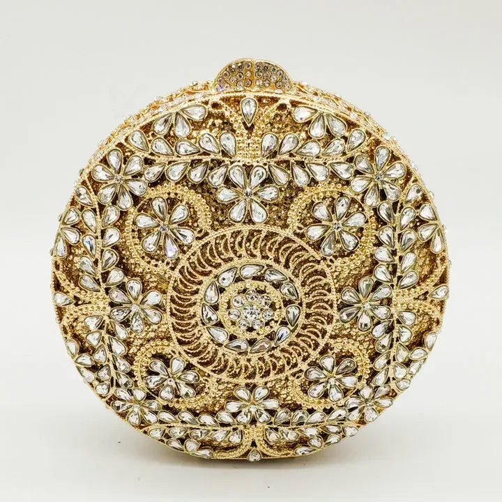 Boutique de fgg (em estoque) redondo circular oco para fora das mulheres cristal embreagem noite minaudiere saco casamento bolsa nupcial