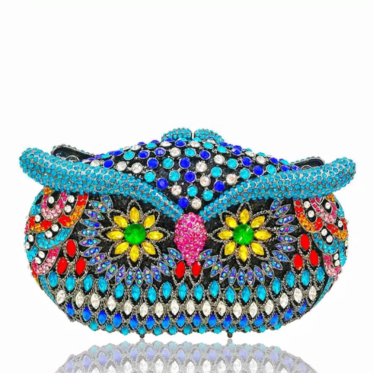 Bolsa de mão de noite em formato de coruja, multicolorida, grande, strass, bolsa de festa feminina, bolsa de baile, mini minaudiere