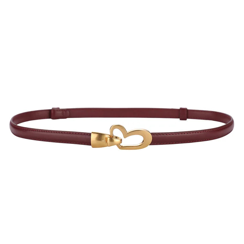 Cinto feminino de couro genuíno, cinto fino de couro skinny para calças, fivela em forma de coração dourada da moda
