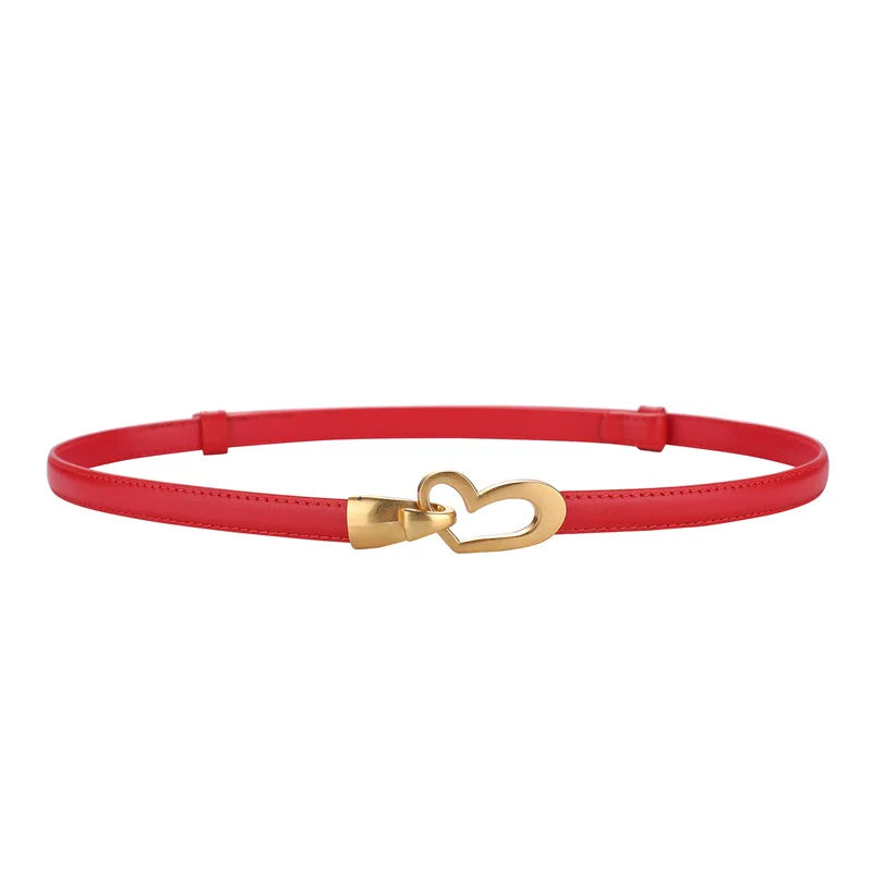Cinto feminino de couro genuíno, cinto fino de couro skinny para calças, fivela em forma de coração dourada da moda