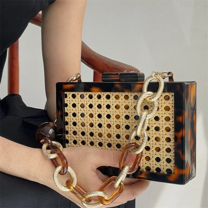Design de moda acrílico leopardo palha sacos para mulheres correntes grossas bolsa ombro vime tecido praia designer caixa saco tote