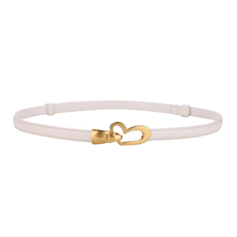 Cinto feminino de couro genuíno, cinto fino de couro skinny para calças, fivela em forma de coração dourada da moda