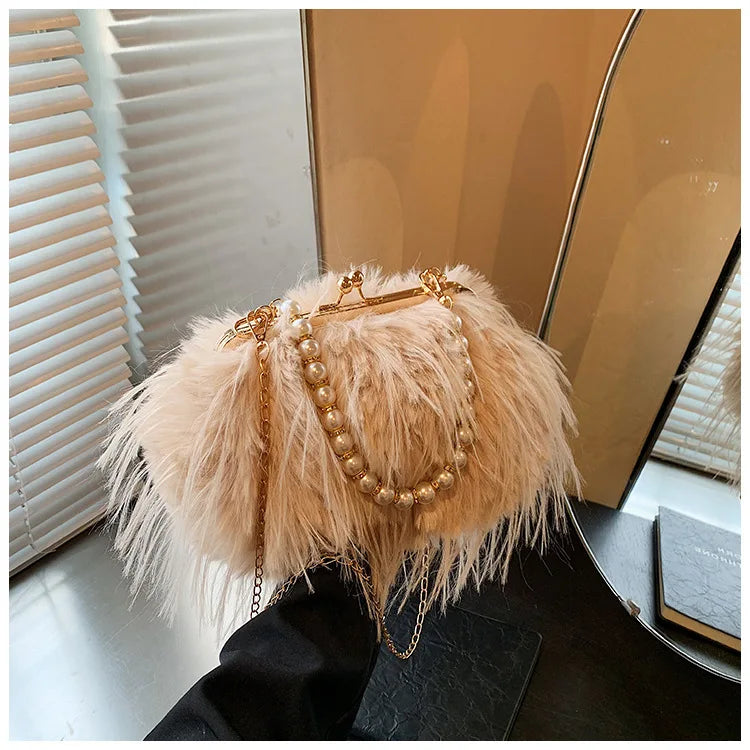 Bolsa feminina de pele sintética, bolsa de ombro felpuda, bolsa tiracolo, designer senhora, embreagem de concha, luxo, inverno, nova, 2022