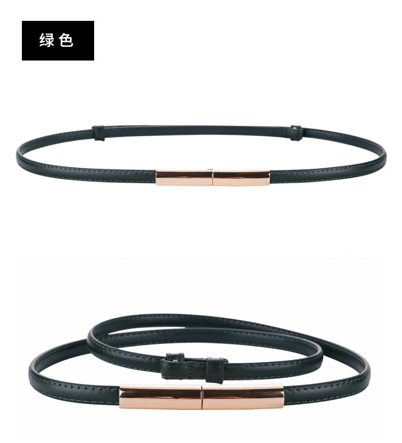 Novo cinto fino de luxo feminino moda doce cor couro genuíno fivela de ouro para vestido jeans decorativo senhora cintura