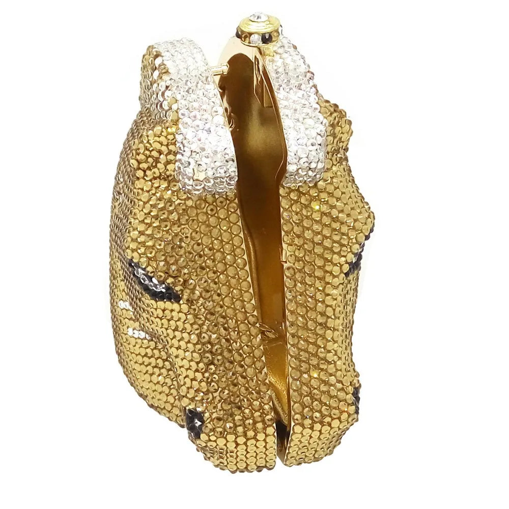 Boutique de fgg cabeça de cavalo dourado feminino cristal noite bolsa e bolsa festa casamento minaudiere animal strass saco embreagem