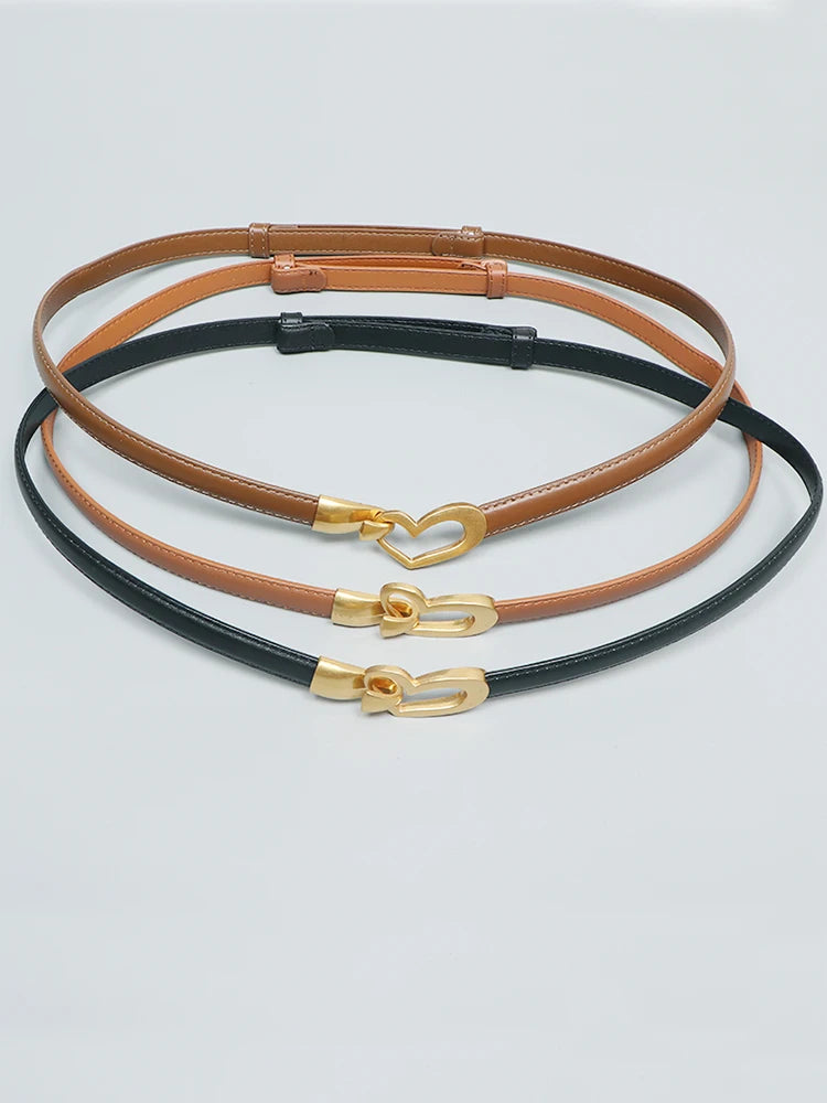 Cinto feminino de couro genuíno, cinto fino de couro skinny para calças, fivela em forma de coração dourada da moda