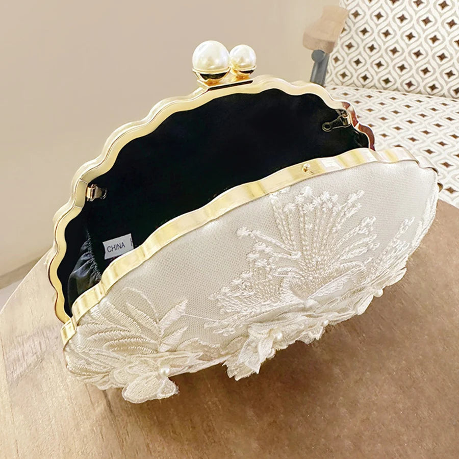 Shell clipe sacos de noite nova moda branco bordado renda embreagem férias crossbody saco corrente noiva festa casamento bolsa