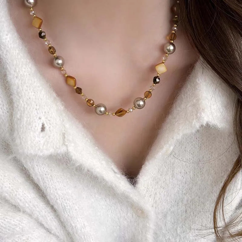 Vintage marrom natural tigre olho pedra gargantilha colar para mulher 2025 nova moda artesanal frisado corrente colar jóias presente