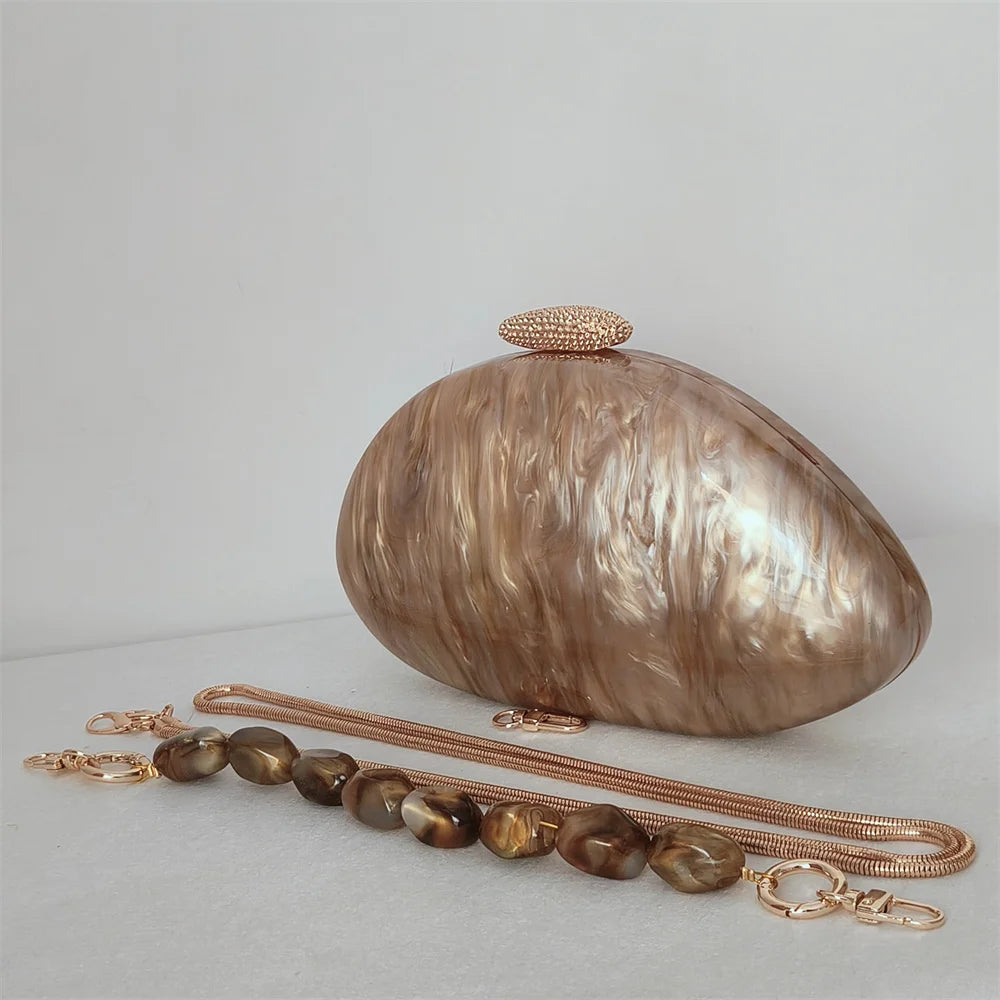Pérola marrom mármore oval feminino luxo acrílico embreagem chique elegante saco de noite hardcase praia senhora bolsa noiva festa