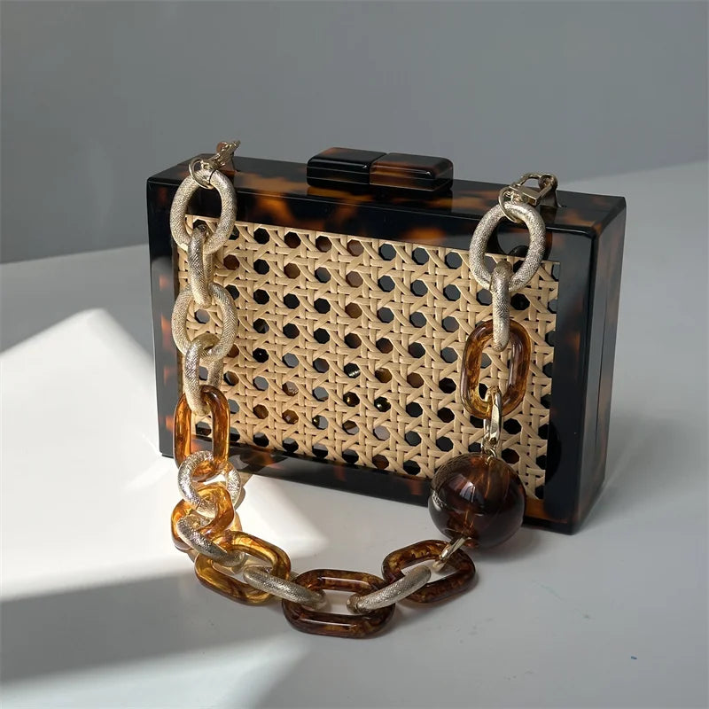 Design de moda acrílico leopardo palha sacos para mulheres correntes grossas bolsa ombro vime tecido praia designer caixa saco tote