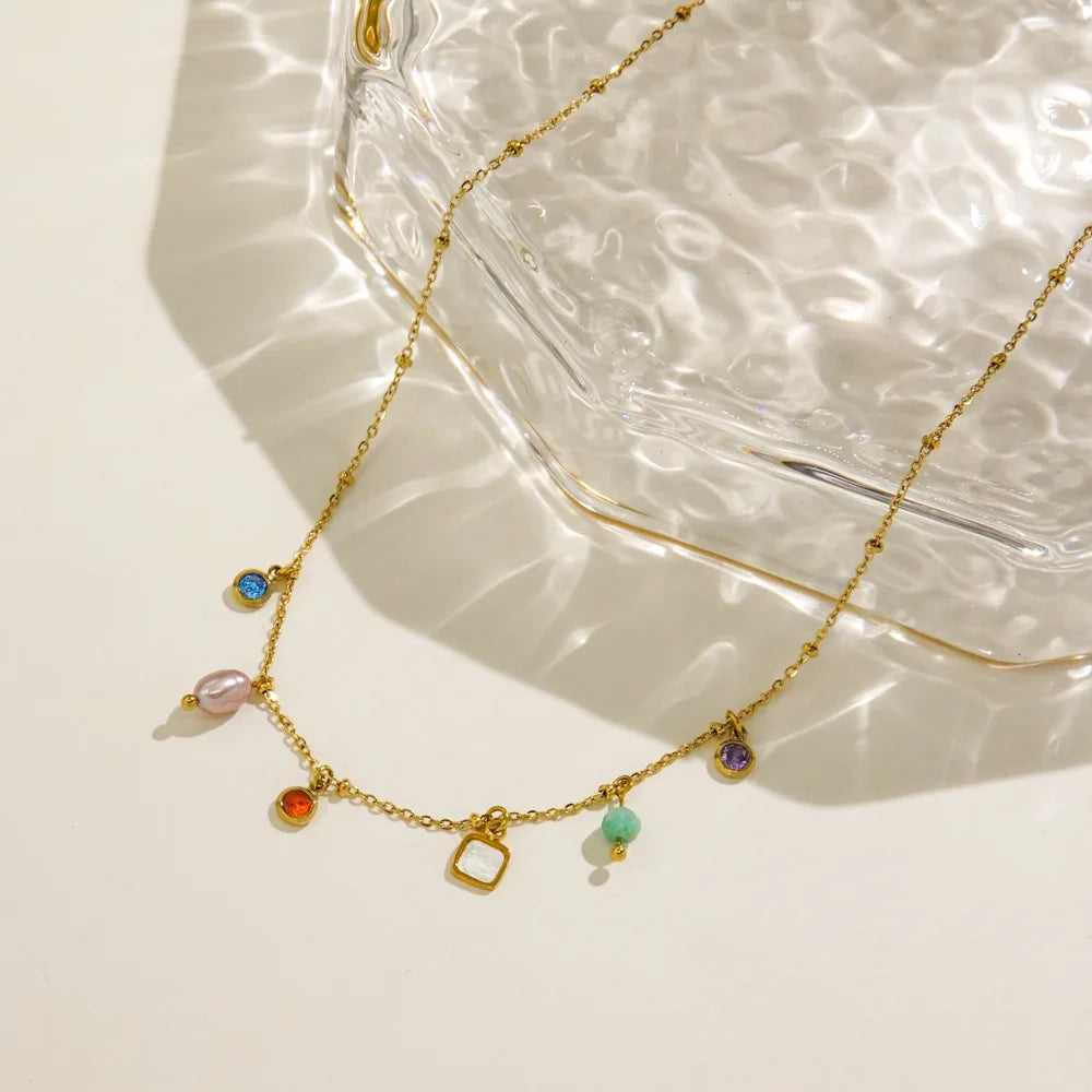 V. Aço inoxidável moda borla natural pérola concha colar de pedra natural feminino jóias estéticas