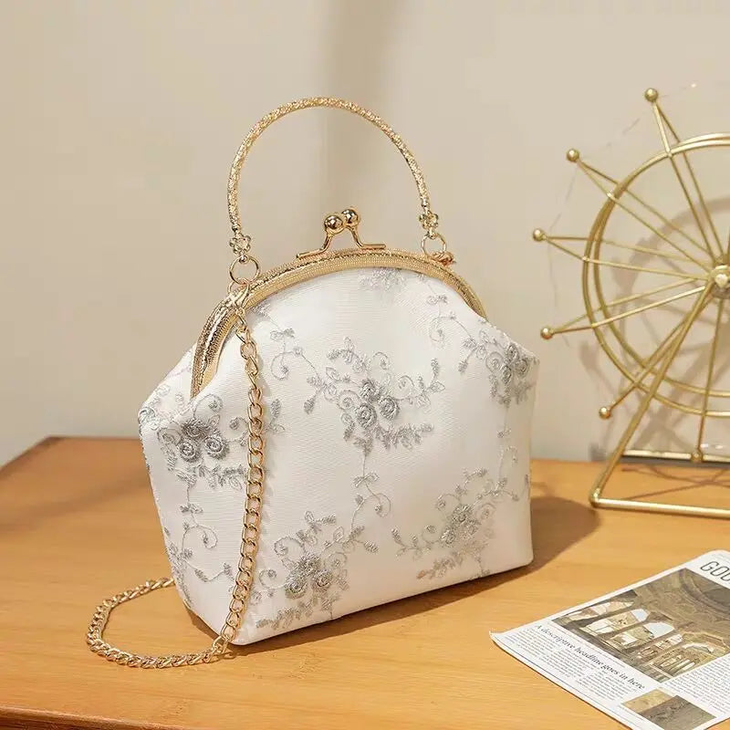 Vintage bordado rendas flores concha bloqueio bolsas para mulheres saco de casamento pequena corrente feminina ombro crossbody saco franja sacos