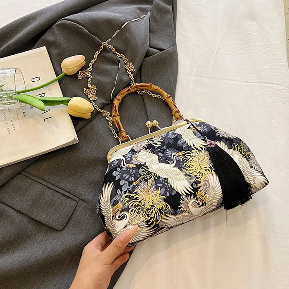 Bolsa de mão de noite com alça de rattan, guindaste coroado vermelho, estampa de borla, corrente, bolsa de ombro, bolsa crossbody para mulheres, noiva, casamento