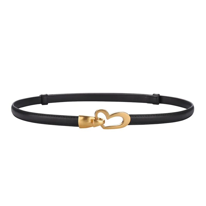 Cinto feminino de couro genuíno, cinto fino de couro skinny para calças, fivela em forma de coração dourada da moda