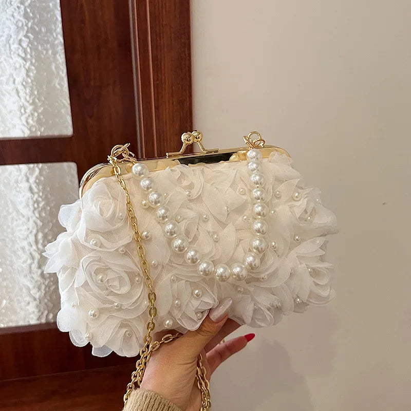 Doce estilo pérola corrente noite saco de embreagem malha macia renda dobrado bainha versão coreana bolsa crossbody para mulher