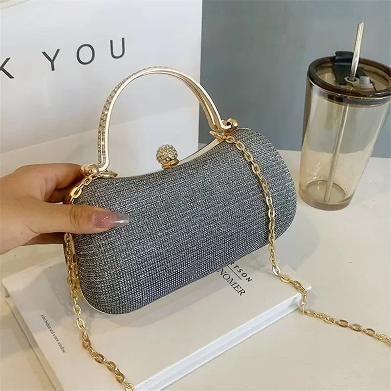 Mini bolsa de noite brilhante, bolsa com corrente de strass, bolsa de banquete com glitter de luxo, perfeita para festa, casamento, baile, jantar/banquete