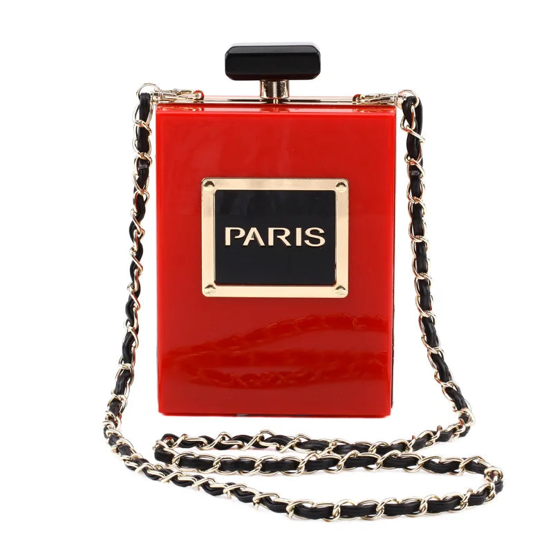 Sacos de noite feminino acrílico paris perfume em forma preto bolsa bolsas embreagem vintage banquete bolsa luxo ombro crossbody sacos