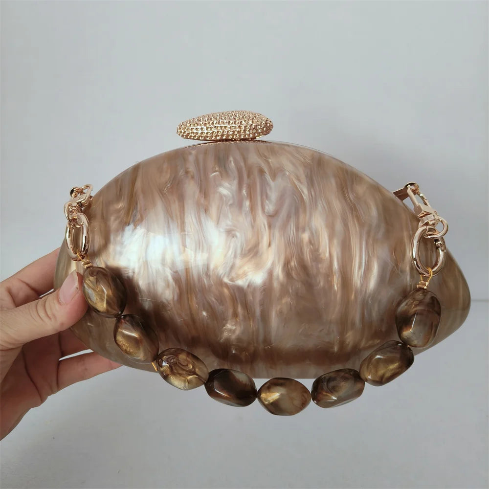 Pérola marrom mármore oval feminino luxo acrílico embreagem chique elegante saco de noite hardcase praia senhora bolsa noiva festa