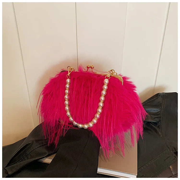 Bolsa feminina de pele sintética, bolsa de ombro felpuda, bolsa tiracolo, designer senhora, embreagem de concha, luxo, inverno, nova, 2022