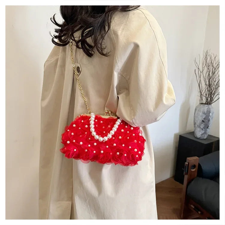 Doce estilo pérola corrente noite saco de embreagem malha macia renda dobrado bainha versão coreana bolsa crossbody para mulher