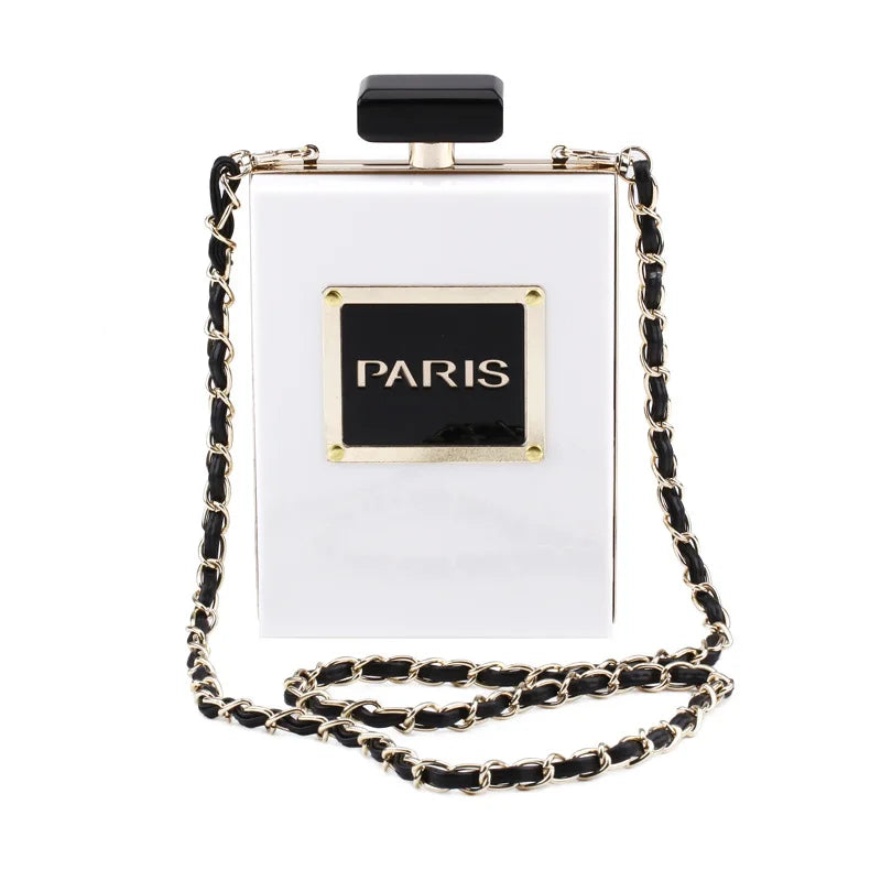 Sacos de noite feminino acrílico paris perfume em forma preto bolsa bolsas embreagem vintage banquete bolsa luxo ombro crossbody sacos