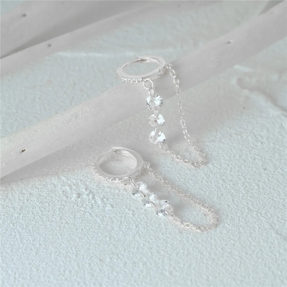 Aide 925 prata esterlina três zircão gota longa corrente ouro hoop fivela piercing brincos para mulheres casual jóias festa presente