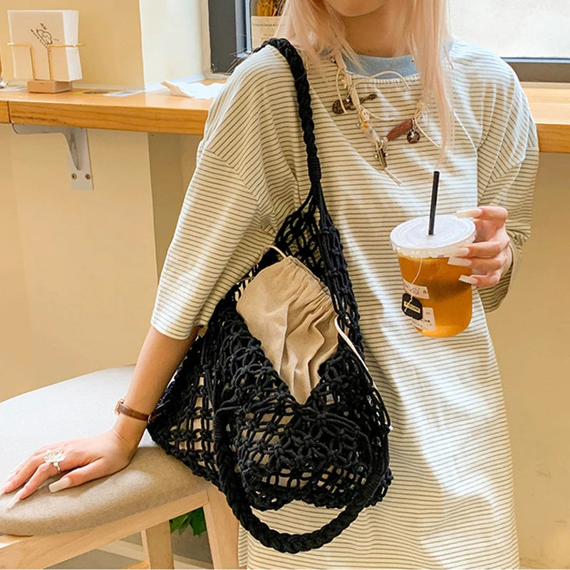 Bolsa feminina de grande capacidade, bolsa de ombro vazada, bolsa de praia de viagem vintage, pacote de compras