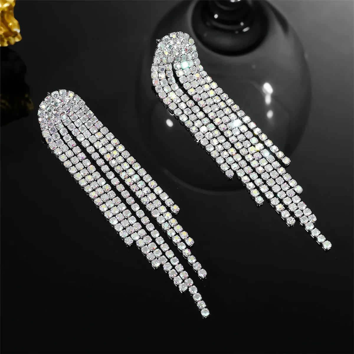 Brilho longo borla strass brincos para mulheres ab colorido prata cor cristal balançar brinco festa de casamento jóias